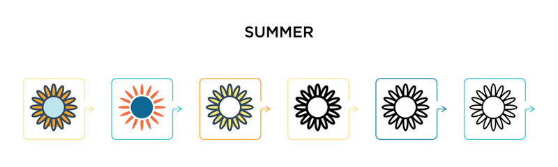 Summer vector icon in 6 different modern styles. Black, two colored summer icons designed in filled, outline, line and stroke style. Vector illustration can be used for web, mobile, ui