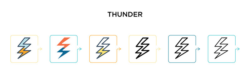 Thunder vector icon in 6 different modern styles. Black, two colored thunder icons designed in filled, outline, line and stroke style. Vector illustration can be used for web, mobile, ui