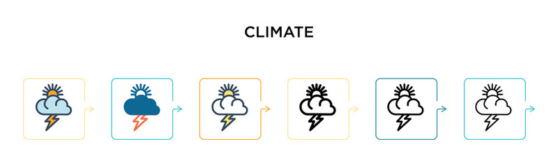 Climate vector icon in 6 different modern styles. Black, two colored climate icons designed in filled, outline, line and stroke style. Vector illustration can be used for web, mobile, ui