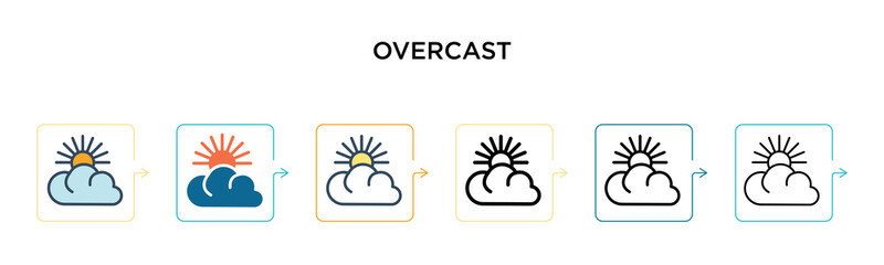 Overcast vector icon in 6 different modern styles. Black, two colored overcast icons designed in filled, outline, line and stroke style. Vector illustration can be used for web, mobile, ui