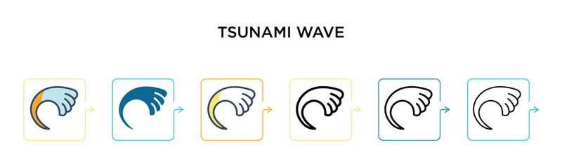 Tsunami wave vector icon in 6 different modern styles. Black, two colored tsunami wave icons designed in filled, outline, line and stroke style. Vector illustration can be used for web, mobile, ui