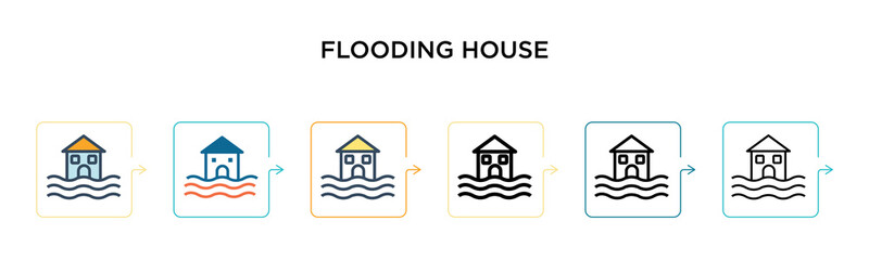 Flooding house vector icon in 6 different modern styles. Black, two colored flooding house icons designed in filled, outline, line and stroke style. Vector illustration can be used for web, mobile, ui