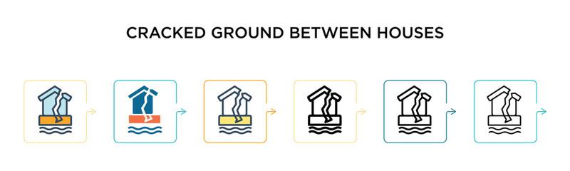 Cracked ground between houses vector icon in 6 different modern styles. Black, two colored cracked ground between houses icons designed in filled, outline, line and stroke style. Vector illustration