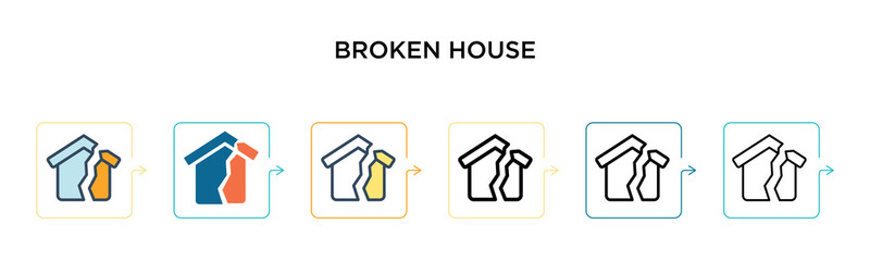 Broken house vector icon in 6 different modern styles. Black, two colored broken house icons designed in filled, outline, line and stroke style. Vector illustration can be used for web, mobile, ui
