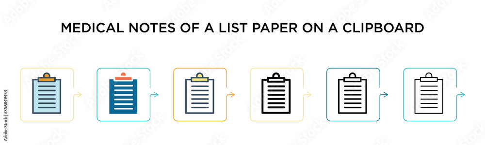 Poster medical notes of a list paper on a clipboard vector icon in 6 different modern styles. black, two co