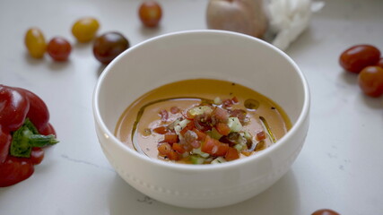 Gazpacho soup in a bowl.