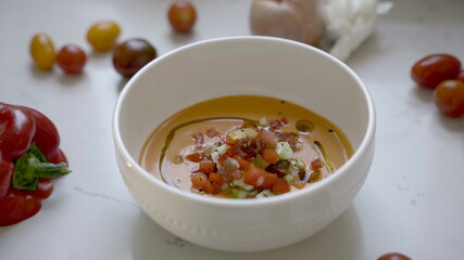 Gazpacho soup in a bowl.