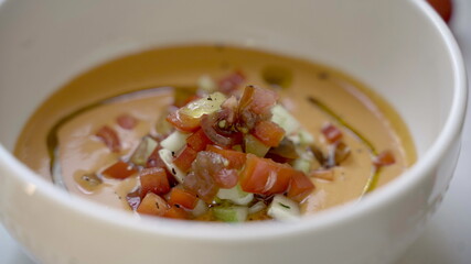 Gazpacho soup in a bowl.
