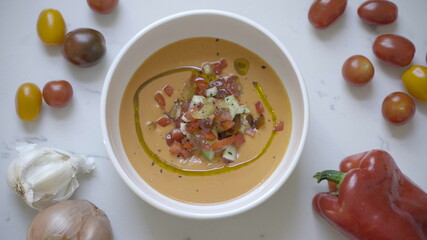 Gazpacho soup in a bowl.