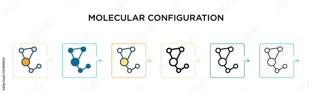 Poster molecular configuration vector icon in 6 different modern styles. black, two colored molecular confi