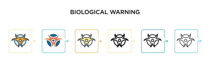 Biological warning vector icon in 6 different modern styles. Black, two colored biological warning icons designed in filled, outline, line and stroke style. Vector illustration can be used for web,