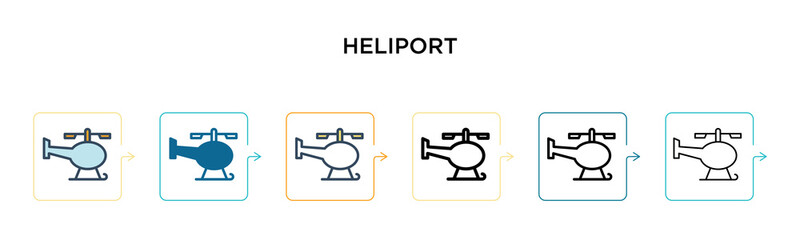 Heliport vector icon in 6 different modern styles. Black, two colored heliport icons designed in filled, outline, line and stroke style. Vector illustration can be used for web, mobile, ui