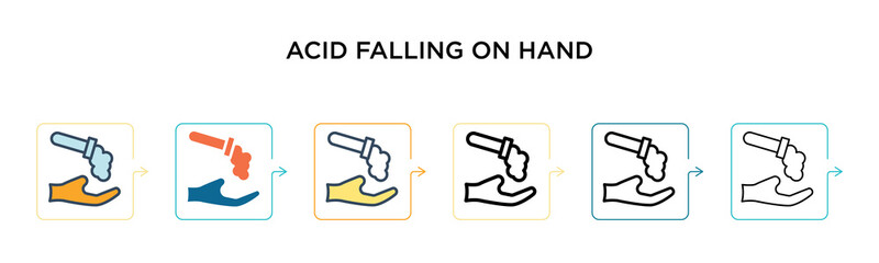 Acid falling on hand vector icon in 6 different modern styles. Black, two colored acid falling on hand icons designed in filled, outline, line and stroke style. Vector illustration can be used for