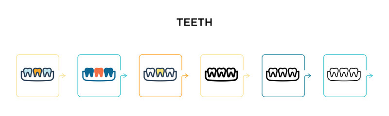 Teeth vector icon in 6 different modern styles. Black, two colored teeth icons designed in filled, outline, line and stroke style. Vector illustration can be used for web, mobile, ui
