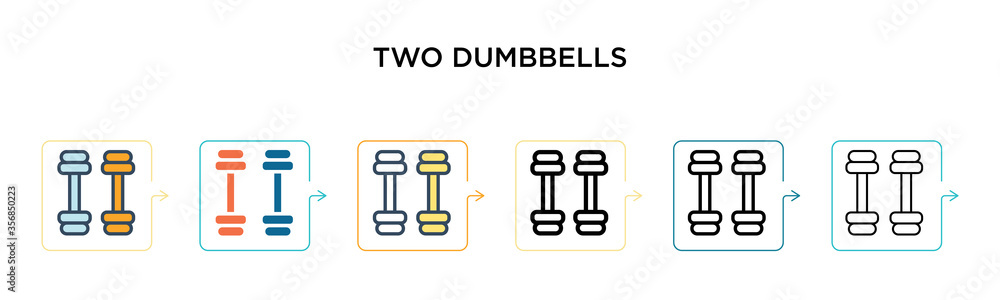 Poster two dumbbells vector icon in 6 different modern styles. black, two colored two dumbbells icons desig