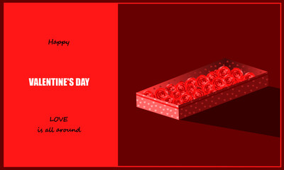 Valentine&rsquo;s day love greeting card/Love is all around with pink roses in the box with heart pattern on box. For Valentines, Mother&rsquo;s, Birthday or Wedding. Cover banner, template, event, postcard.