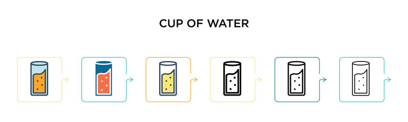 Cup of water vector icon in 6 different modern styles. Black, two colored cup of water icons designed in filled, outline, line and stroke style. Vector illustration can be used for web, mobile, ui