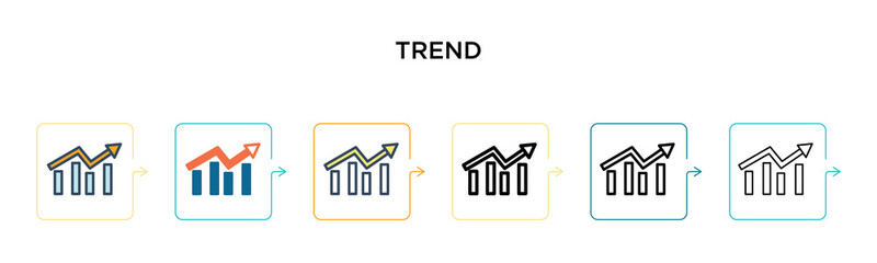 Trend vector icon in 6 different modern styles. Black, two colored trend icons designed in filled, outline, line and stroke style. Vector illustration can be used for web, mobile, ui