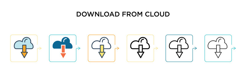 Obraz premium Download from cloud vector icon in 6 different modern styles. Black, two colored download from cloud icons designed in filled, outline, line and stroke style. Vector illustration can be used for web,