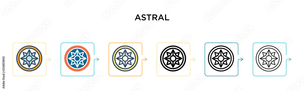 Poster astral vector icon in 6 different modern styles. black, two colored astral icons designed in filled,