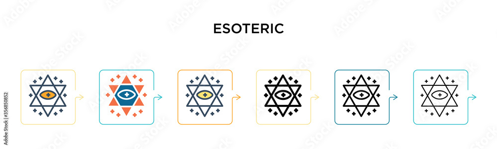 Poster esoteric vector icon in 6 different modern styles. black, two colored esoteric icons designed in fil