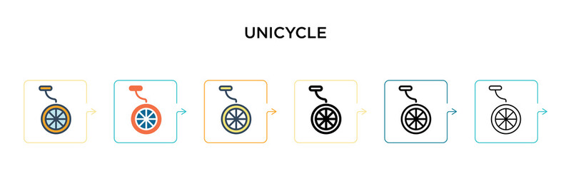 Unicycle vector icon in 6 different modern styles. Black, two colored unicycle icons designed in filled, outline, line and stroke style. Vector illustration can be used for web, mobile, ui