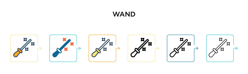 Wand vector icon in 6 different modern styles. Black, two colored wand icons designed in filled, outline, line and stroke style. Vector illustration can be used for web, mobile, ui