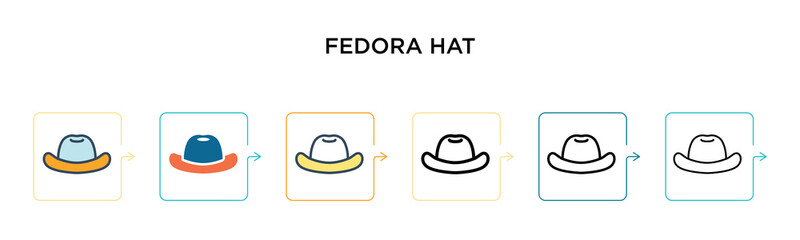 Fedora hat vector icon in 6 different modern styles. Black, two colored fedora hat icons designed in filled, outline, line and stroke style. Vector illustration can be used for web, mobile, ui