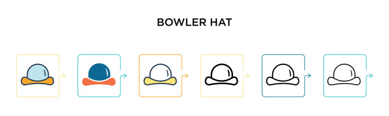 Bowler hat vector icon in 6 different modern styles. Black, two colored bowler hat icons designed in filled, outline, line and stroke style. Vector illustration can be used for web, mobile, ui