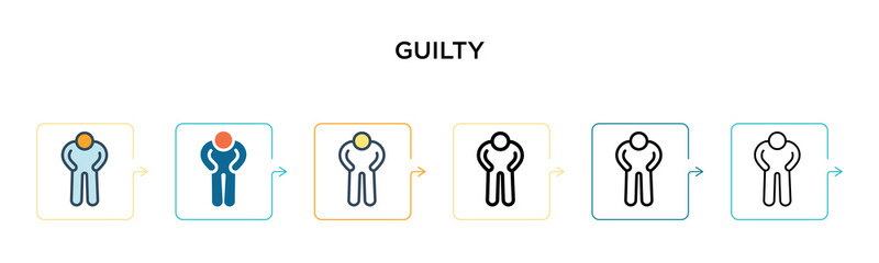 Guilty vector icon in 6 different modern styles. Black, two colored guilty icons designed in filled, outline, line and stroke style. Vector illustration can be used for web, mobile, ui