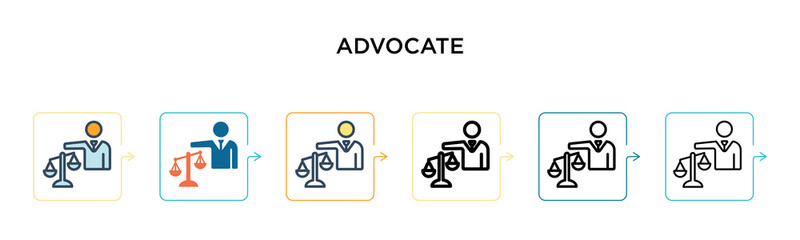 Advocate vector icon in 6 different modern styles. Black, two colored advocate icons designed in filled, outline, line and stroke style. Vector illustration can be used for web, mobile, ui