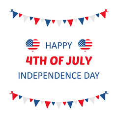 4th of july, american independence day vector illustration, card with heart-shaped flags and garlands.