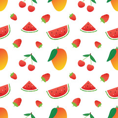 Colorful cartoon style summer fruits and berries seamless pattern background. Mango, cherry, strawberry, watermelon.