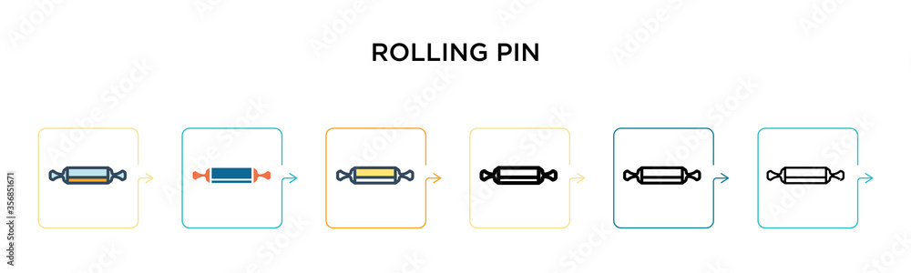 Poster rolling pin vector icon in 6 different modern styles. black, two colored rolling pin icons designed 
