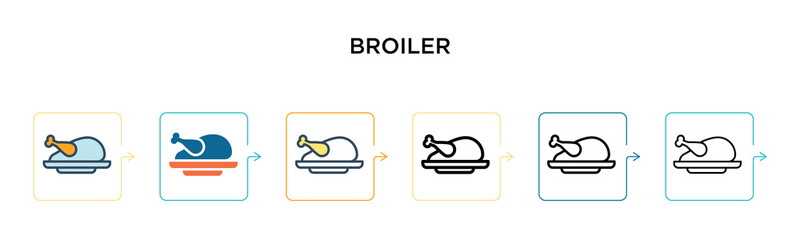 Broiler vector icon in 6 different modern styles. Black, two colored broiler icons designed in filled, outline, line and stroke style. Vector illustration can be used for web, mobile, ui