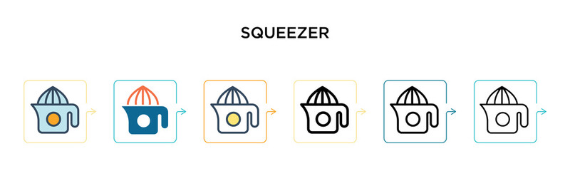 Squeezer vector icon in 6 different modern styles. Black, two colored squeezer icons designed in filled, outline, line and stroke style. Vector illustration can be used for web, mobile, ui