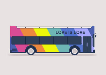 Love is Love, a colourful rainbow LGBTQ bus, Happy Pride month, Gay, Lesbian, Bisexual, Transgender, Queer community rights