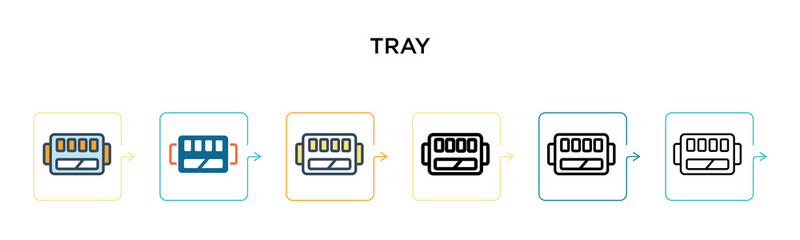 Tray vector icon in 6 different modern styles. Black, two colored tray icons designed in filled, outline, line and stroke style. Vector illustration can be used for web, mobile, ui