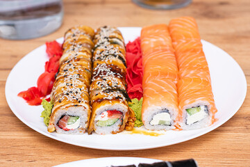 Fototapeta na wymiar Japanese sushi food. Healthy Japan food. Set of Japan rolls