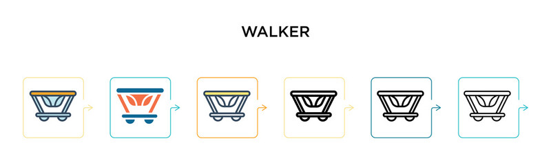 Walker vector icon in 6 different modern styles. Black, two colored walker icons designed in filled, outline, line and stroke style. Vector illustration can be used for web, mobile, ui