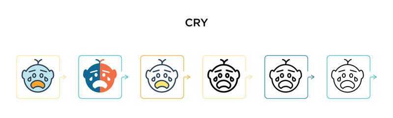 Cry vector icon in 6 different modern styles. Black, two colored cry icons designed in filled, outline, line and stroke style. Vector illustration can be used for web, mobile, ui