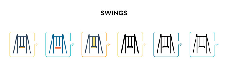 Swings vector icon in 6 different modern styles. Black, two colored swings icons designed in filled, outline, line and stroke style. Vector illustration can be used for web, mobile, ui