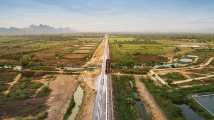 Aerial view of railway in rural area. Drone photo. 