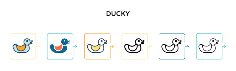 Ducky vector icon in 6 different modern styles. Black, two colored ducky icons designed in filled, outline, line and stroke style. Vector illustration can be used for web, mobile, ui