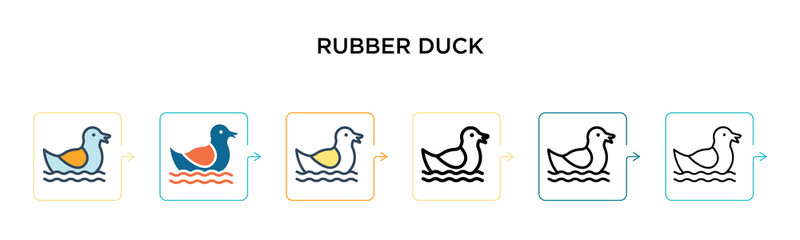 Rubber duck vector icon in 6 different modern styles. Black, two colored rubber duck icons designed in filled, outline, line and stroke style. Vector illustration can be used for web, mobile, ui