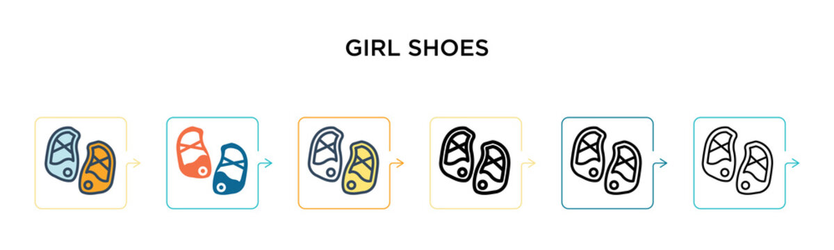 Girl shoes vector icon in 6 different modern styles. Black, two colored girl shoes icons designed in filled, outline, line and stroke style. Vector illustration can be used for web, mobile, ui