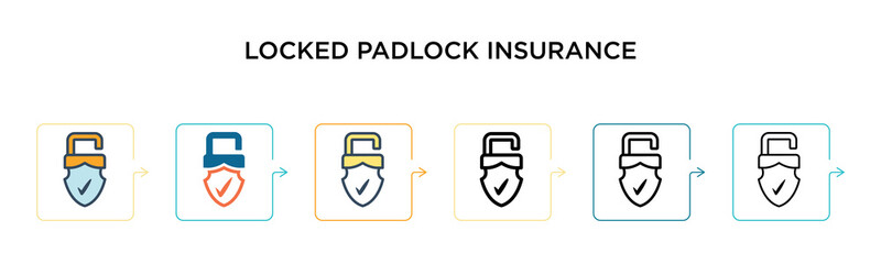 Locked padlock insurance vector icon in 6 different modern styles. Black, two colored locked padlock insurance icons designed in filled, outline, line and stroke style. Vector illustration can be used