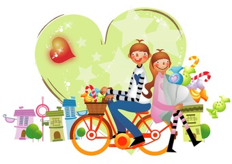 Obraz na płótnie Canvas couple riding a bicycle with candies
