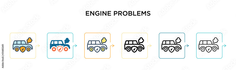 Poster engine problems vector icon in 6 different modern styles. black, two colored engine problems icons d