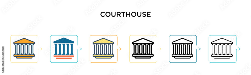 Poster courthouse vector icon in 6 different modern styles. black, two colored courthouse icons designed in